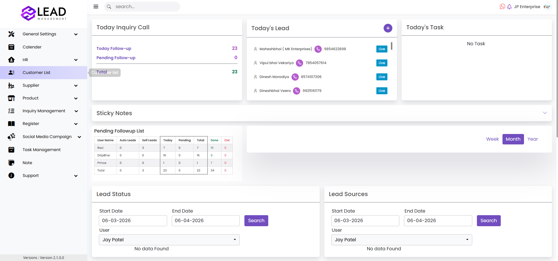 Lead Management CRM Dashboard